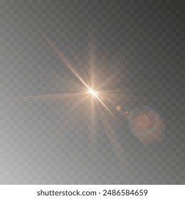 Shining golden star. Light Effect Bright Star, Christmas Star. Gold glowing light explodes. Vector transparent sunlight with special lens flare effect. Flash light effect with special lens. 