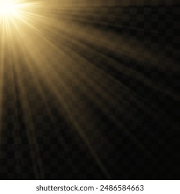 Leuchtender goldener Stern. Lichteffekt Heller Stern, Weihnachtsstern. Gold leuchtendes Licht explodiert. Vektorgrafik transparentes Sonnenlicht mit speziellem Linsenflare-Effekt. Blitzlichteffekt mit speziellem Objektiv. 