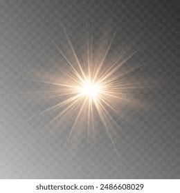 Shining golden star. Light Effect Bright Star, Christmas Star. Gold glowing light explodes. Vector transparent sunlight with special lens flare effect. Flash light effect with special lens. 