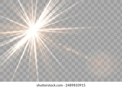 Estrella dorada brillante. Estrella Brillante de Efecto Luz, Estrella de Navidad. La luz dorada explota. Vector de luz solar transparente con efecto de destellos de lente especial. Efecto de luz de destello con lente especial.