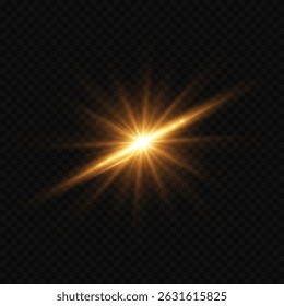 Shining golden star light flash with realistic lens flare. On a transparent background