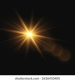 Shining golden star light flash with realistic lens flare. On a transparent background