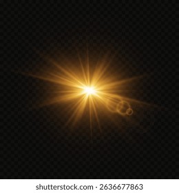 Shining golden star light flash with realistic lens flare. On a transparent background