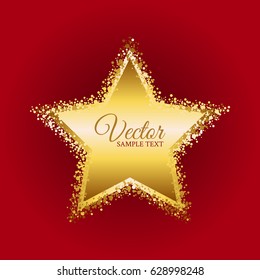 Shining golden star on a red background. Vector.