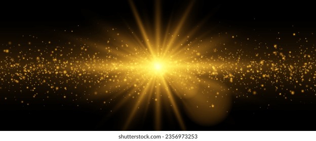 A shining golden star and particles on a transparent black background. The sun and stardust, glowing sparks. The effect of radiance, shine. Vector illustration.