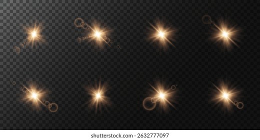 Shining golden stars. Effects, glare, explosion, golden light. Vector illustration. On a transparent background.