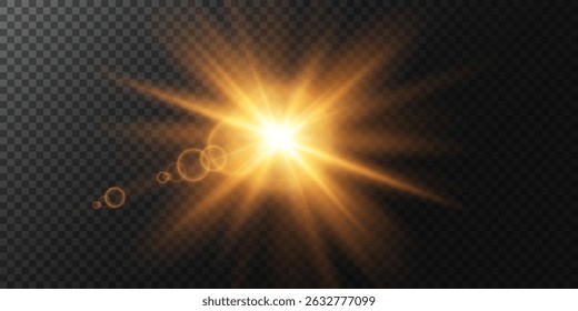 Shining golden stars. Effects, glare, explosion, golden light. Vector illustration. On a transparent background.