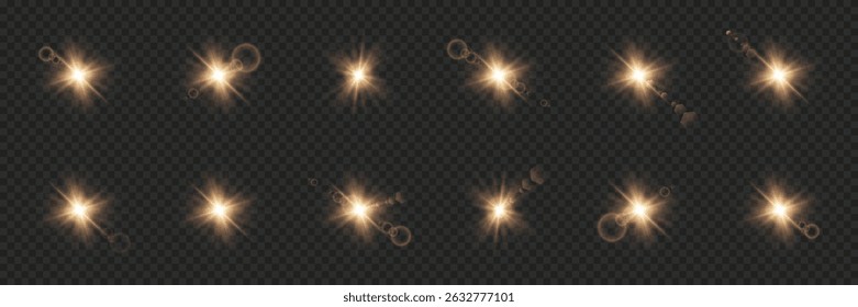 Shining golden stars. Effects, glare, explosion, golden light. Vector illustration. On a transparent background.