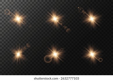 Shining golden stars. Effects, glare, explosion, golden light. Vector illustration. On a transparent background.