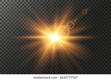 Shining golden stars. Effects, glare, explosion, golden light. Vector illustration. On a transparent background.