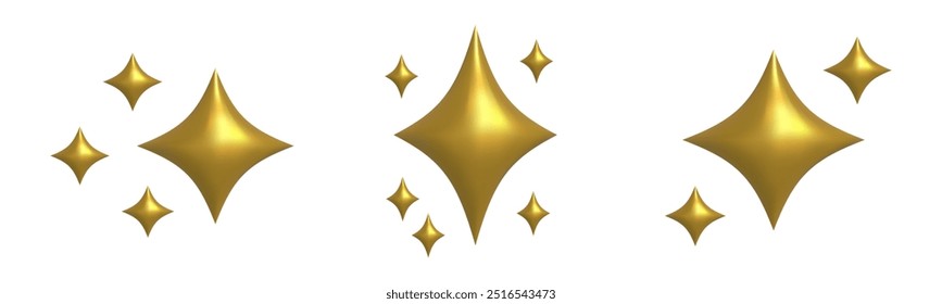 Conjunto de emojis de estrellas doradas brillantes. Icono de estrella dorada de estilo 3d, símbolo de plataforma de redes sociales centelleante sobre fondo transparente. Ilustración vectorial EPS 10