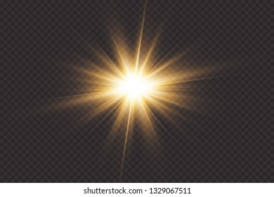 Shining golden stars isolated on black background. Effects, glare, lines, sun shine, explosion, golden light. Vector illustration. Set.

