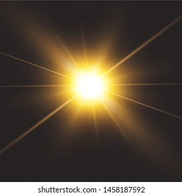 Shining golden stars isolated on black background. Effects, glare, lines, sun shine, explosion, golden light. Vector illustration. Set.
