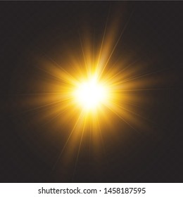 Shining golden stars isolated on black background. Effects, glare, lines, sun shine, explosion, golden light. Vector illustration. Set.
