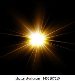 Shining golden stars isolated on black background. Effects, glare, lines, sun shine, explosion, golden light. Vector illustration. Set.
