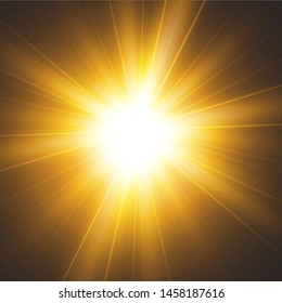 Shining golden stars isolated on black background. Effects, glare, lines, sun shine, explosion, golden light. Vector illustration. Set.
