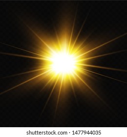 Shining golden stars isolated on black background. Effects, glare, lines, sun shine, explosion, golden light. Vector illustration. Set.