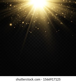 Shining golden stars isolated on black background. Effects, glare, lines, glitter, explosion, golden light. Vector illustration.Set. 
