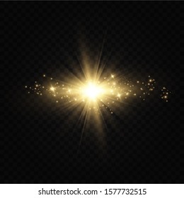 Shining golden stars isolated on black background. Effects, glare, lines, glitter, explosion, golden light. Vector illustration.Set. 