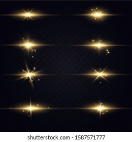 Shining golden stars isolated on black background. Effects, glare, lines, glitter, explosion, golden light. Vector illustration.Set. 