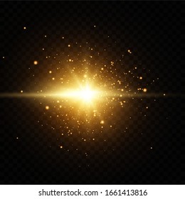 Shining Golden Stars Isolated On Black Background. Effects, Glare, Lines, Glitter, Explosion, Golden Light. Vector Illustration.Set. 