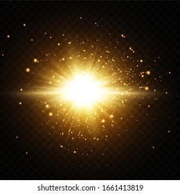 Shining golden stars isolated on black background. Effects, glare, lines, glitter, explosion, golden light. Vector illustration.Set. 