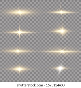 Shining golden stars isolated on black background. Effects, glare, lines, glitter, explosion, golden light. Vector illustration