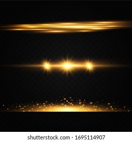 Shining golden stars isolated on black background. Effects, glare, lines, glitter, explosion, golden light. Vector illustration