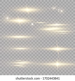 Shining golden stars isolated on black background. Effects, glare, lines, glitter, explosion, golden light. Vector illustration