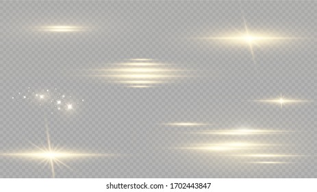 Shining golden stars isolated on black background. Effects, glare, lines, glitter, explosion, golden light. Vector illustration