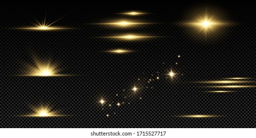 Estrellas doradas brillantes aisladas sobre fondo negro. Efectos, resplandor, líneas, brillo, explosión, luz dorada. Ilustración del vector