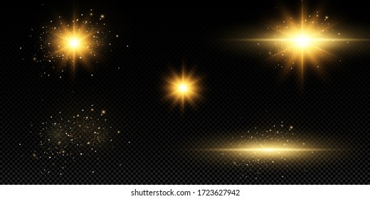 Shining golden stars isolated on black background. Effects, glare, lines, glitter, explosion, golden light. Vector illustration