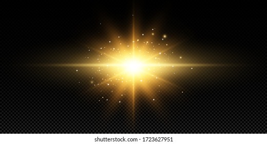 Shining golden stars isolated on black background. Effects, glare, lines, glitter, explosion, golden light. Vector illustration