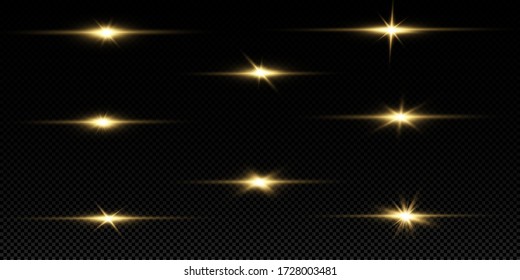 Shining golden stars isolated on black background. Effects, glare, lines, glitter, explosion, golden light. Vector illustration