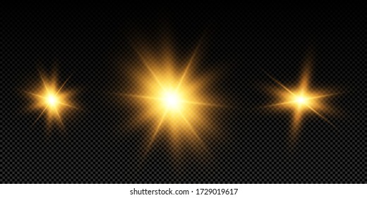 Shining golden stars isolated on black background. Effects, glare, lines, glitter, explosion, golden light. Vector illustration
