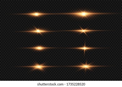 Shining golden stars isolated on black background. Effects, glare, lines, glitter, explosion, golden light. Vector illustration