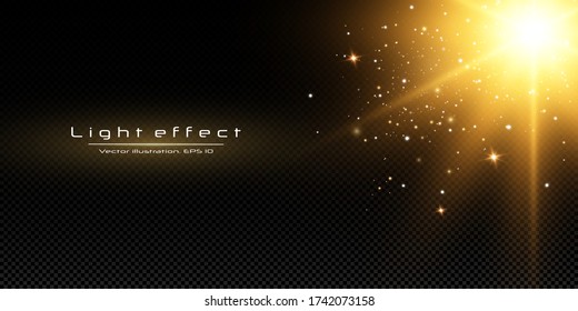 Shining golden stars isolated on black background. Effects, glare, lines, glitter, explosion, golden light. Vector illustration