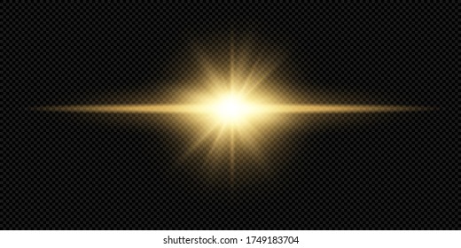 Shining golden stars isolated on black background. Effects, glare, lines, glitter, explosion, golden light. Vector illustration