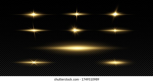 Shining golden stars isolated on black background. Effects, glare, lines, glitter, explosion, golden light. Vector illustration