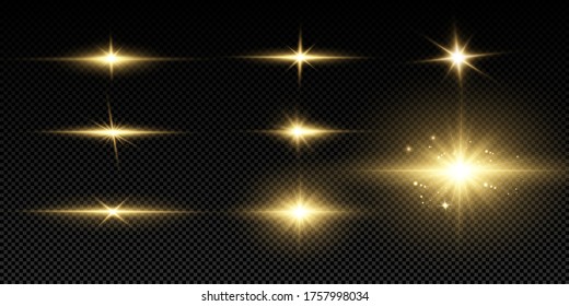 Shining golden stars isolated on black background. Effects, glare, lines, glitter, explosion, golden light. Vector illustration