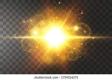 Shining golden stars isolated on black background. Effects, glare, lines, glitter, explosion, golden light. Vector illustration.