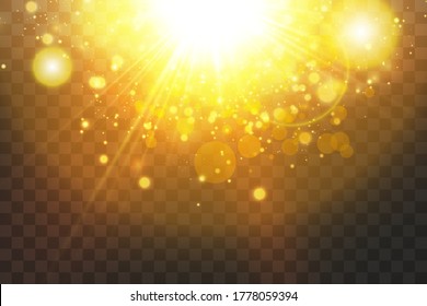 Shining golden stars isolated on black background. Effects, glare, lines, glitter, explosion, golden light. Vector illustration.