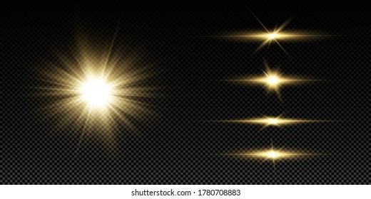 Shining golden stars isolated on black background. Effects, glare, lines, glitter, explosion, golden light. Vector illustration