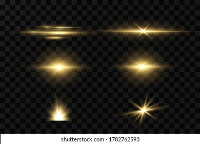 Shining golden stars isolated on black background. Effects, glare, lines, glitter, explosion, golden light. Vector illustration.Set. 