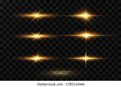 Shining golden stars isolated on black background. Effects, glare, lines, glitter, explosion, golden light. Vector illustration.Set. 
