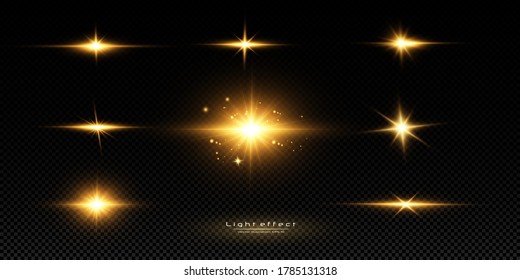 Shining golden stars isolated on black background. Effects, glare, lines, glitter, explosion, golden light. Vector illustration