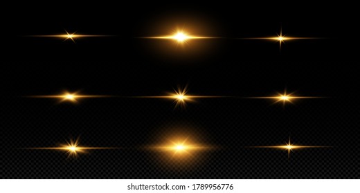 Shining golden stars isolated on black background. Effects, glare, lines, glitter, explosion, golden light. Vector illustration