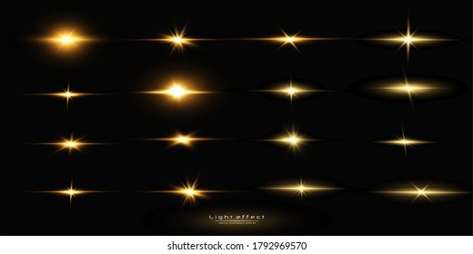 Shining golden stars isolated on black background. Effects, glare, lines, glitter, explosion, golden light. Vector illustration