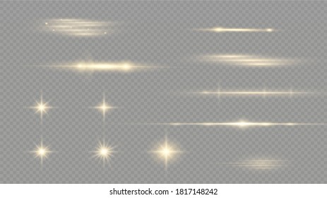 Estrellas doradas brillantes aisladas sobre fondo negro. Efectos, resplandor, líneas, brillo, explosión, luz dorada. Ilustración del vector.Set. 