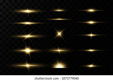 Shining golden stars isolated on black background. Effects, glare, lines, glitter, explosion, golden light. Vector illustration